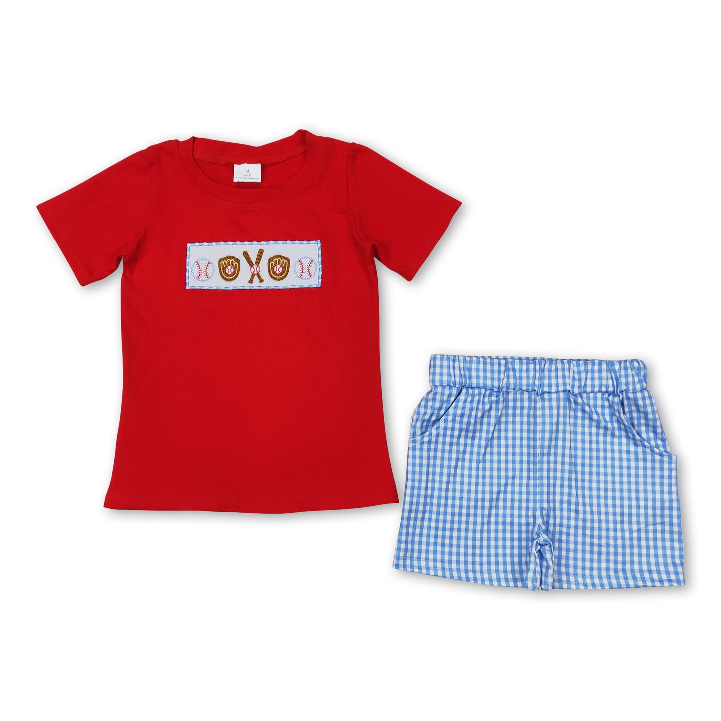 Red baseball top plaid shorts boys summer outfits