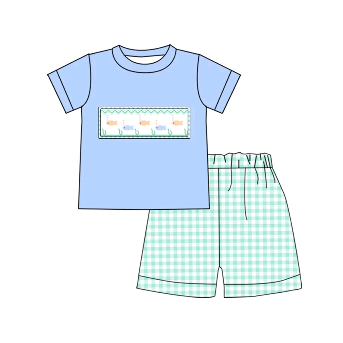 Light blue fishing top plaid shorts kids boys summer clothes
