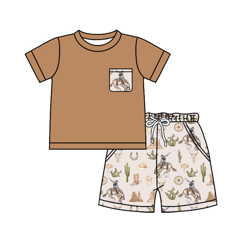 Khaki short sleeves pocket top shorts western boys outfits