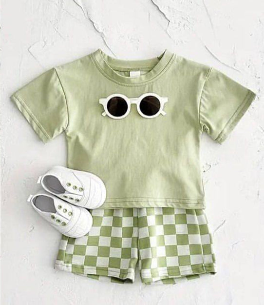 Green top plaid shorts kids boys summer outfits