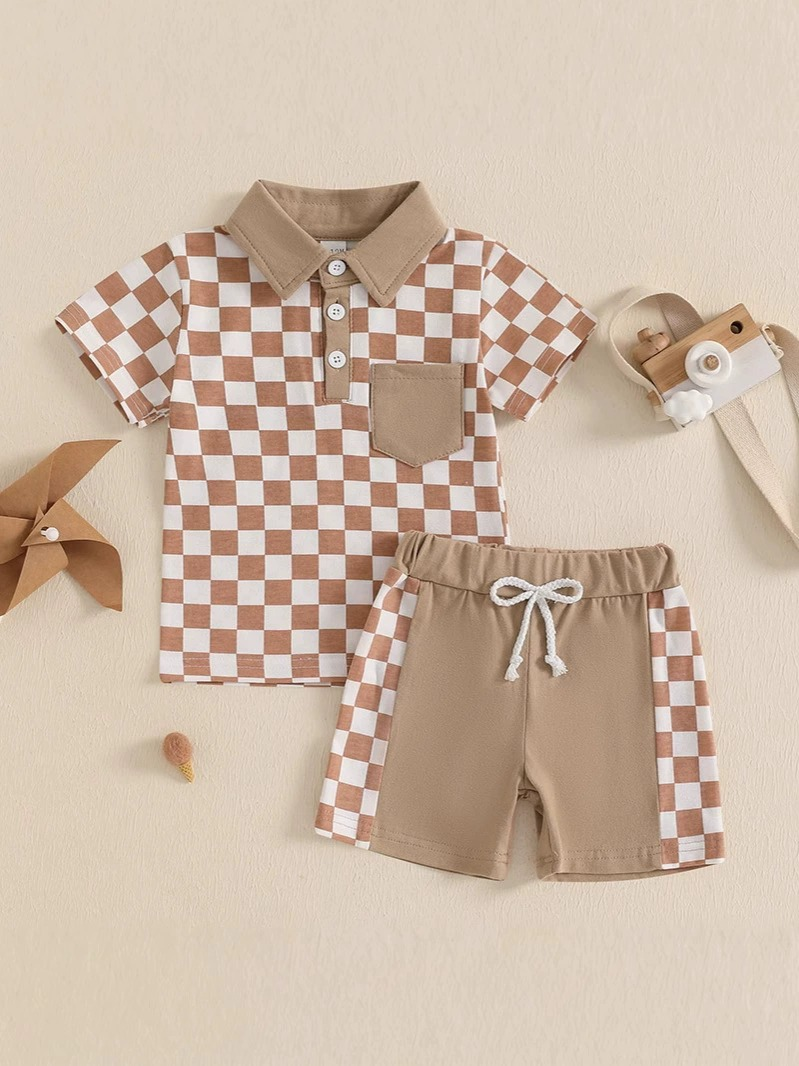 Khaki plaid polo shirt shorts skids boys clothing set