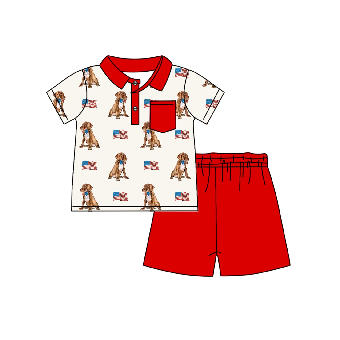 Red pocket dog flag polo shirt kids boys 4th of july clothes
