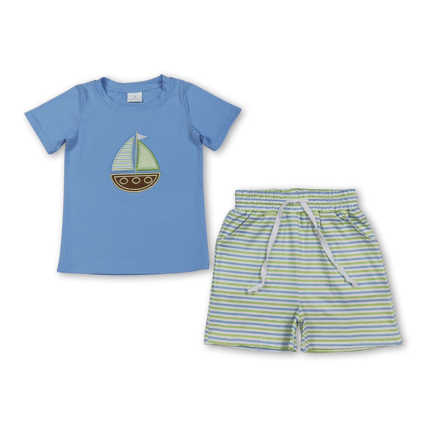 Short sleeves boat embroidery top stripe shorts boys outfits