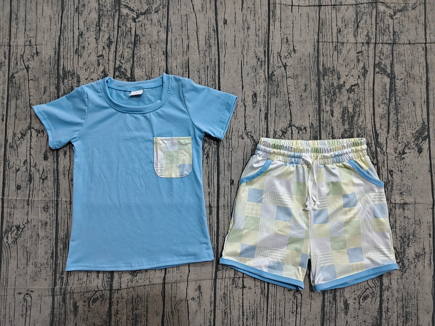 Short sleeves pocket top plaid shorts boys summer outfits