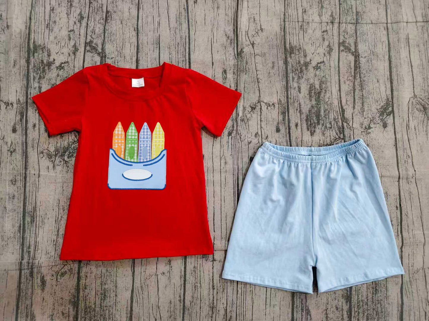 Red crayon embroidery top shorts boys back to school outfits