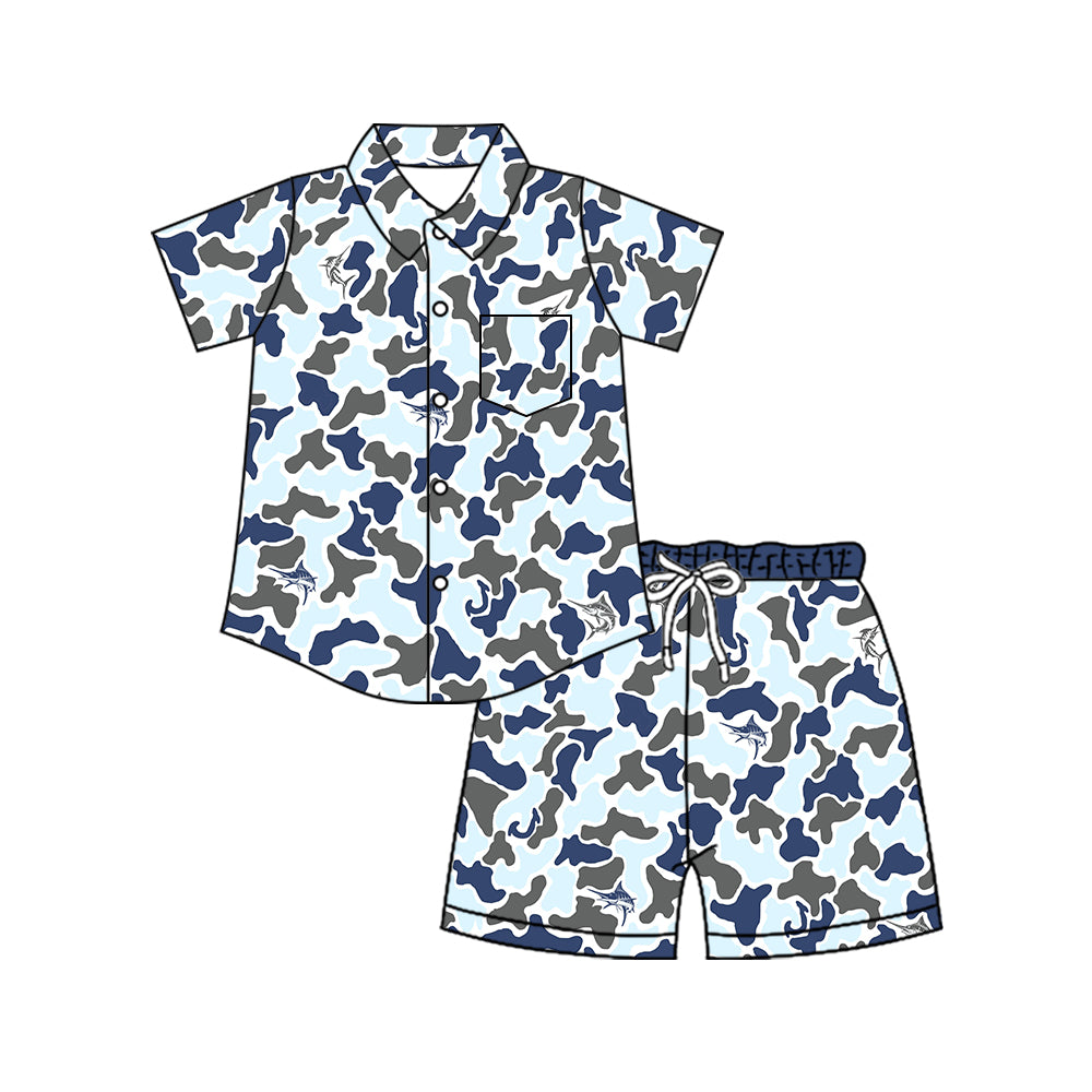 Blue fish camo button down shirt shorts boys outfits