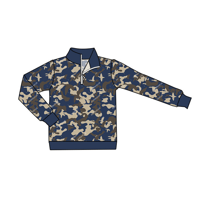 Long sleeves blue duck camo kids boys zipper pullover