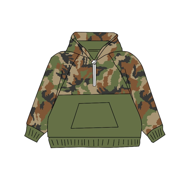 Long sleeves green brown camo pocket kids hunting hoodie