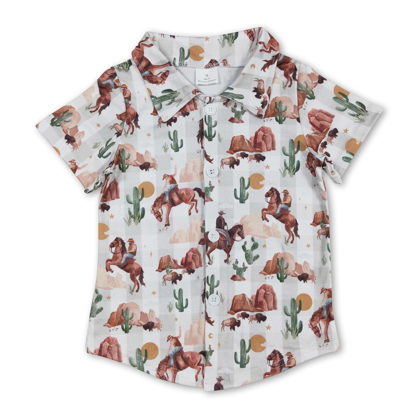 Short sleeves cow cactus western boys button down shirt
