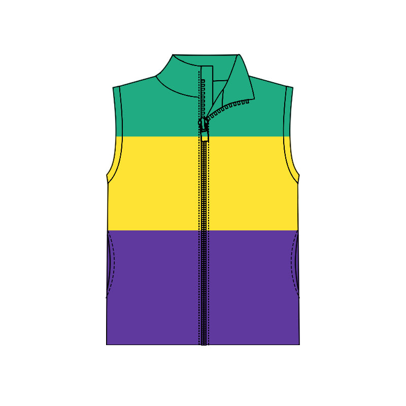 Sleeveless green yellow purple kids Mardi Gras zip vest