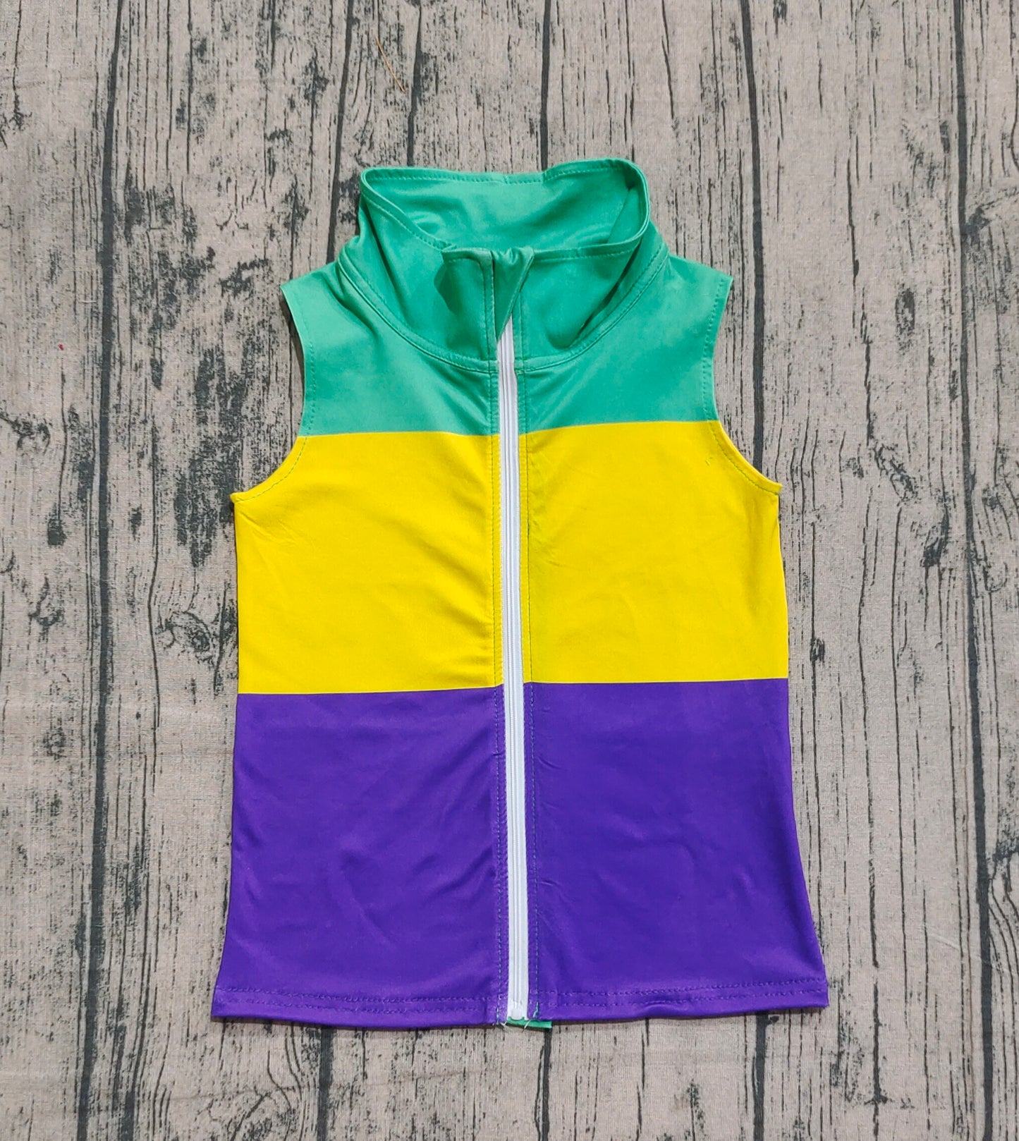 Sleeveless green yellow purple kids Mardi Gras zip vest