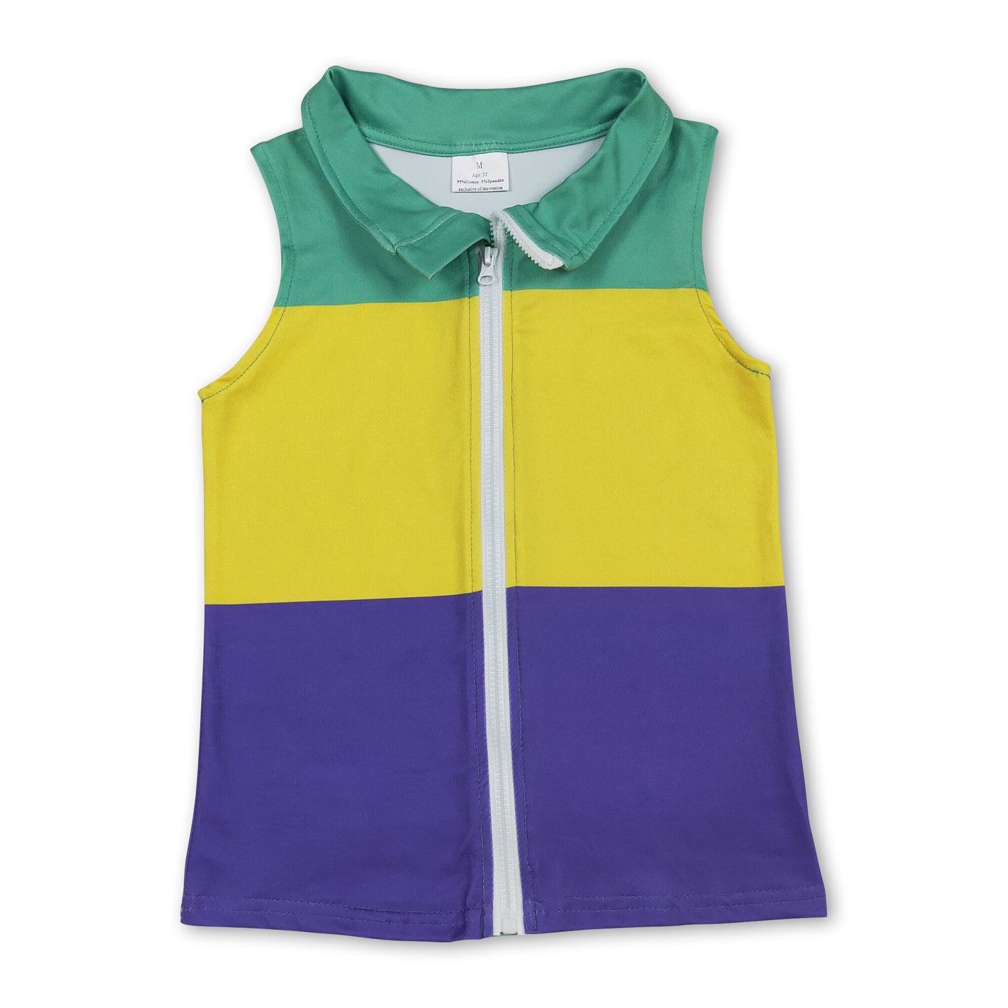 Sleeveless green yellow purple kids Mardi Gras zip vest