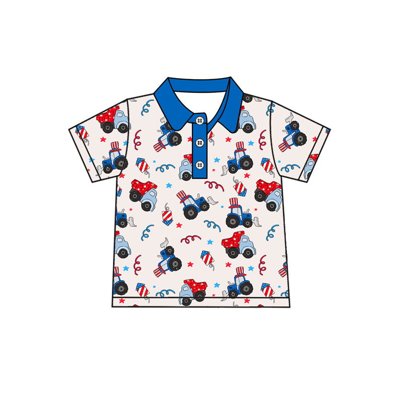 Blue short sleeves tractor kids boys 4th of july polo shirt