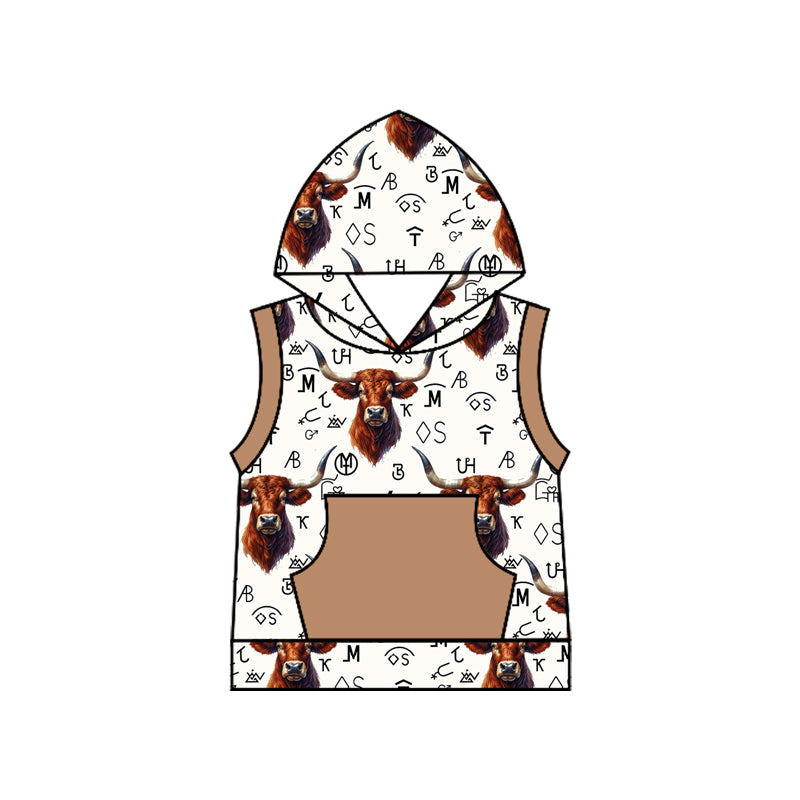 Sleeveless khaki pocket highland cow brands boys hoodie