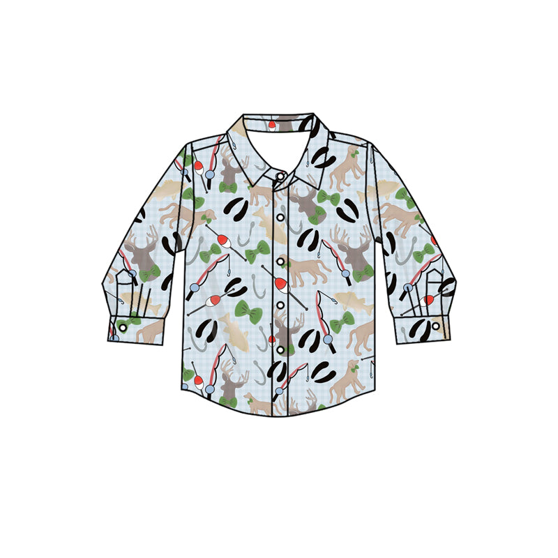 Long sleeves hunting dog deer fishing boy button down shirt