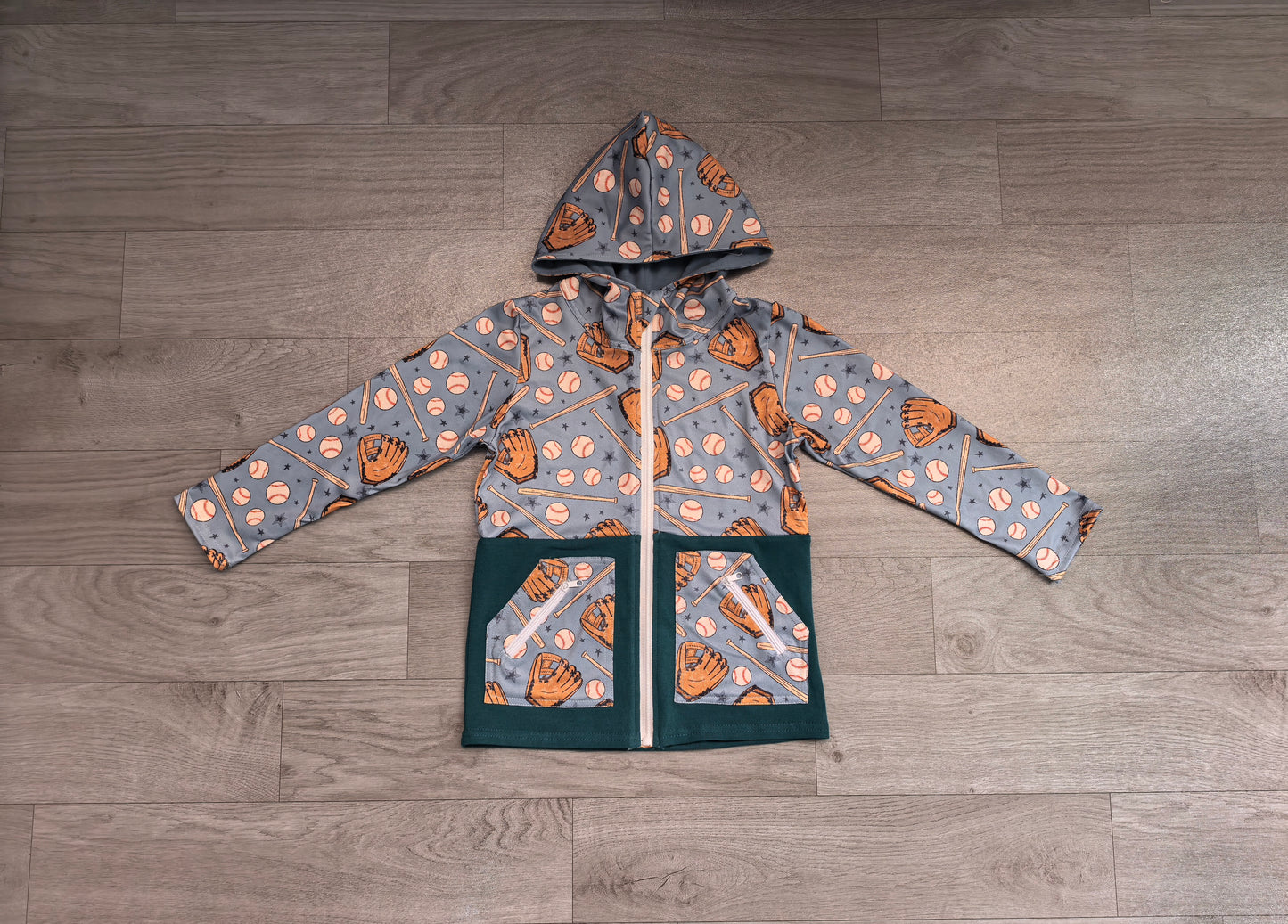 Long sleeves baseball pockets hooded kids jacket