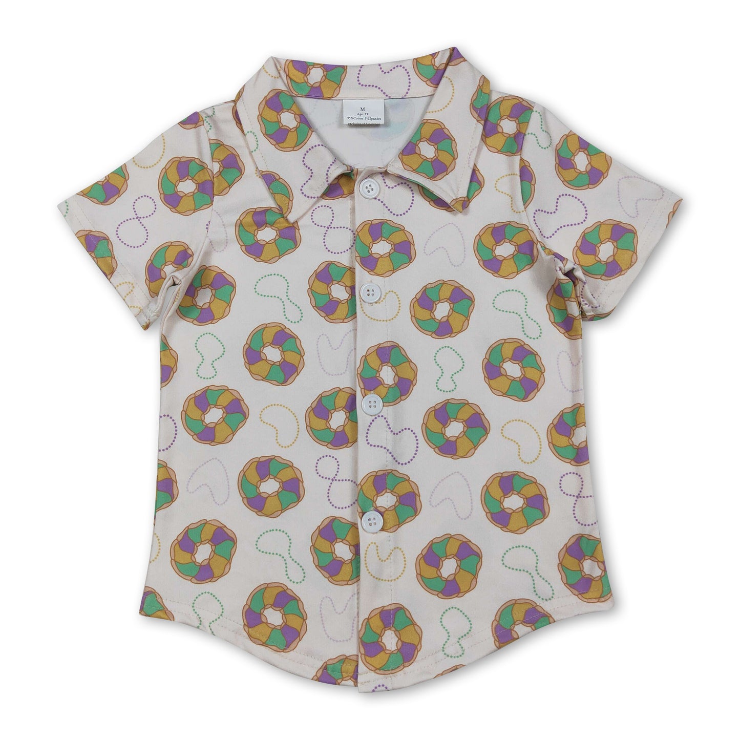 Yellow green purple donuts boys Mardi Gras button down shirt