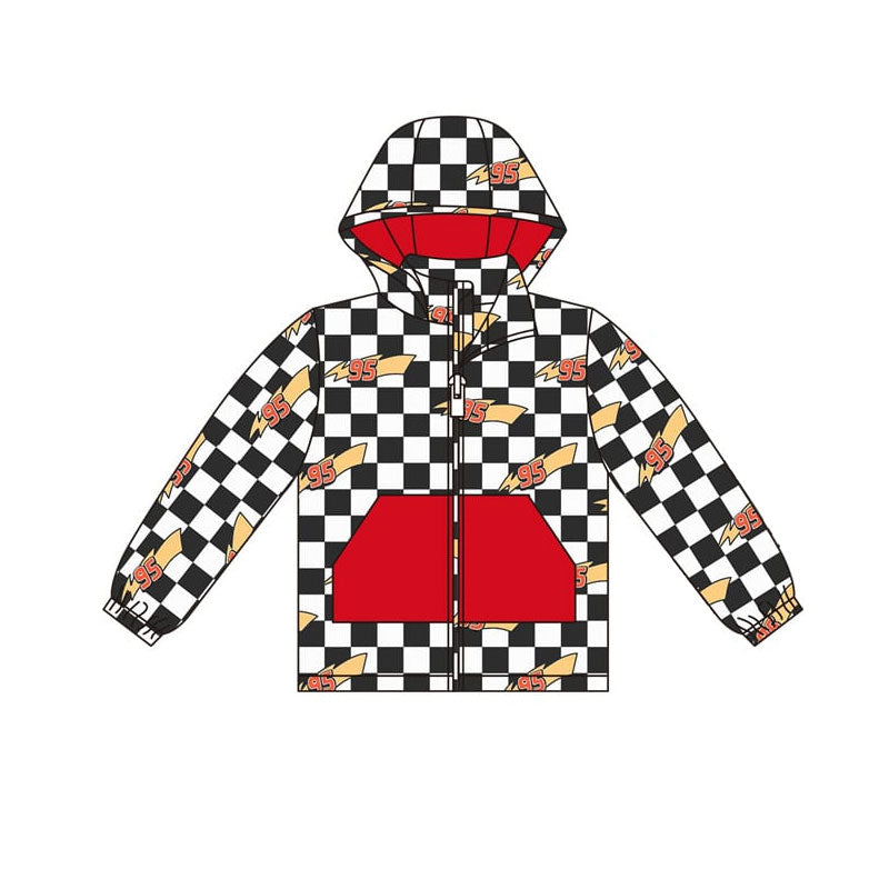 Long sleeves black plaid red pocket kids boy hooded jacket