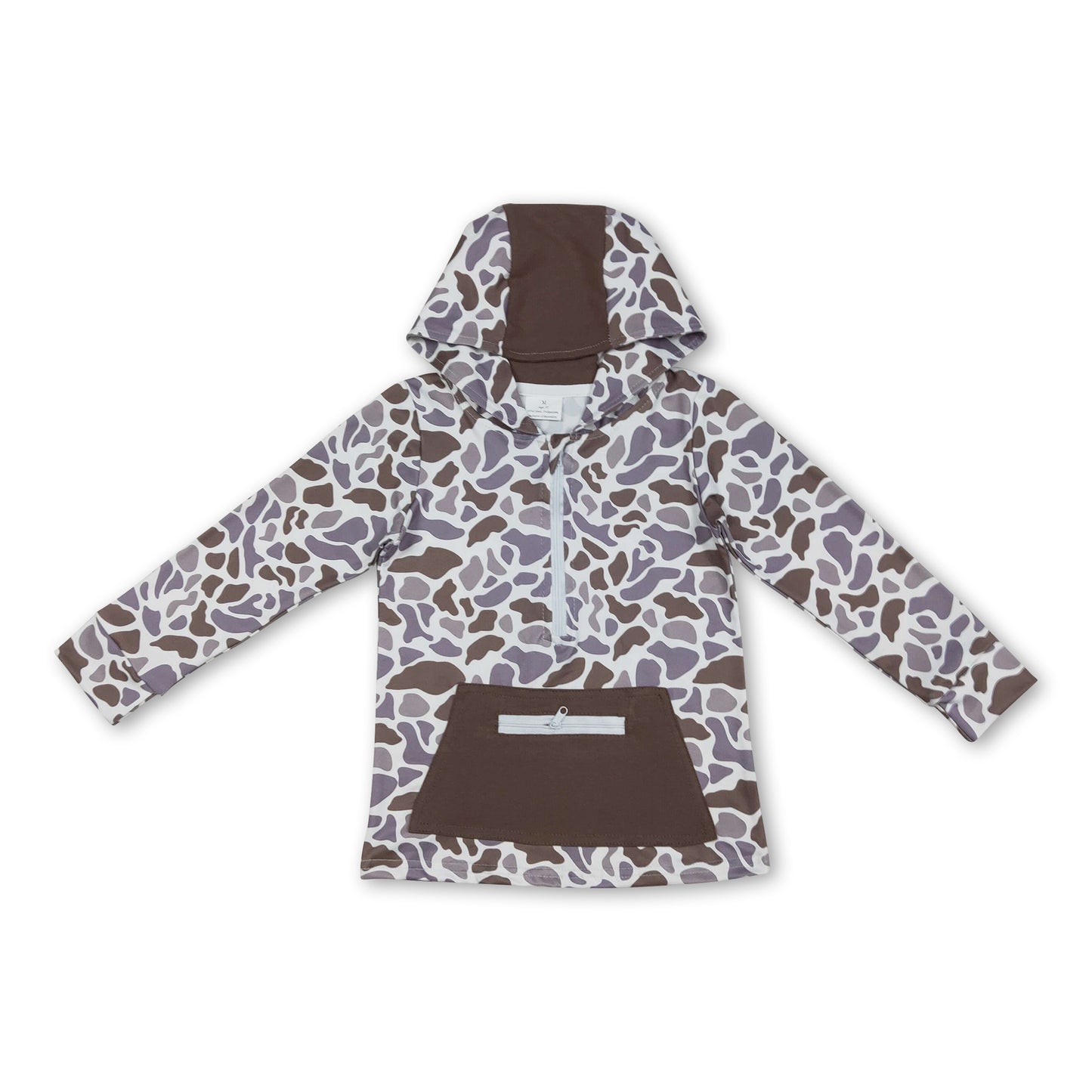 Long sleeves brown camo pocket zipper boy hoodie