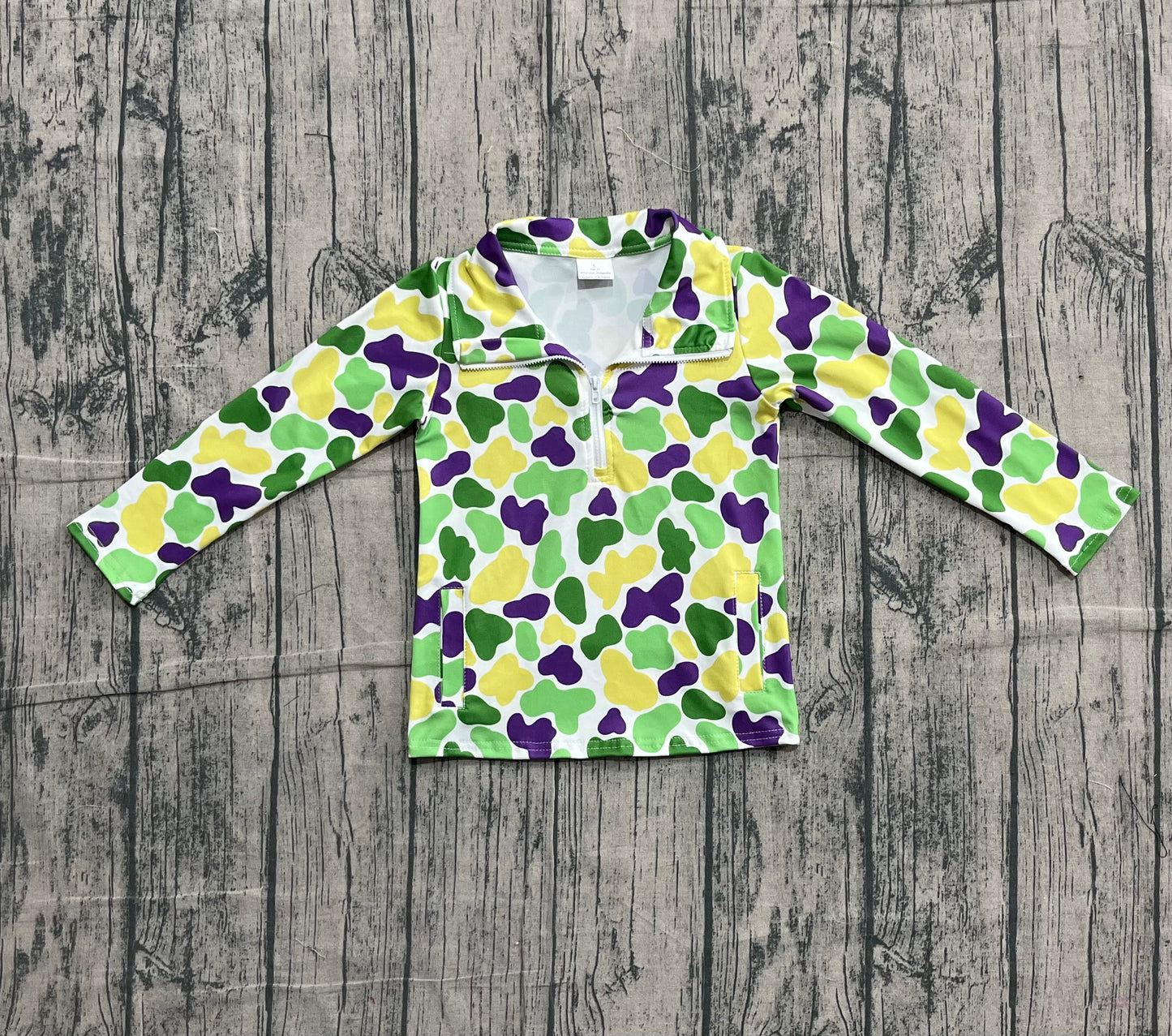 Green yellow purple camo kids boys zipper Mardi Gras pullover