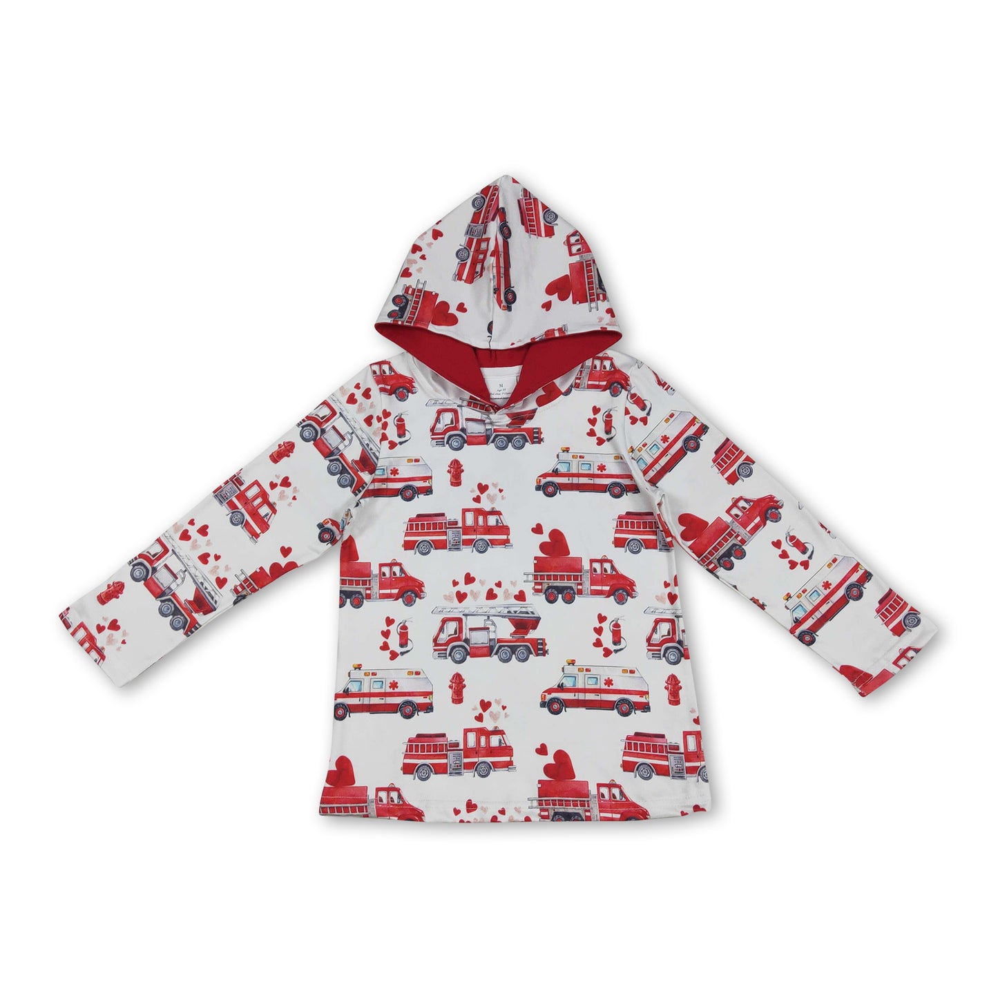 Long sleeves red heart fire truck boys Valentine's hoodie