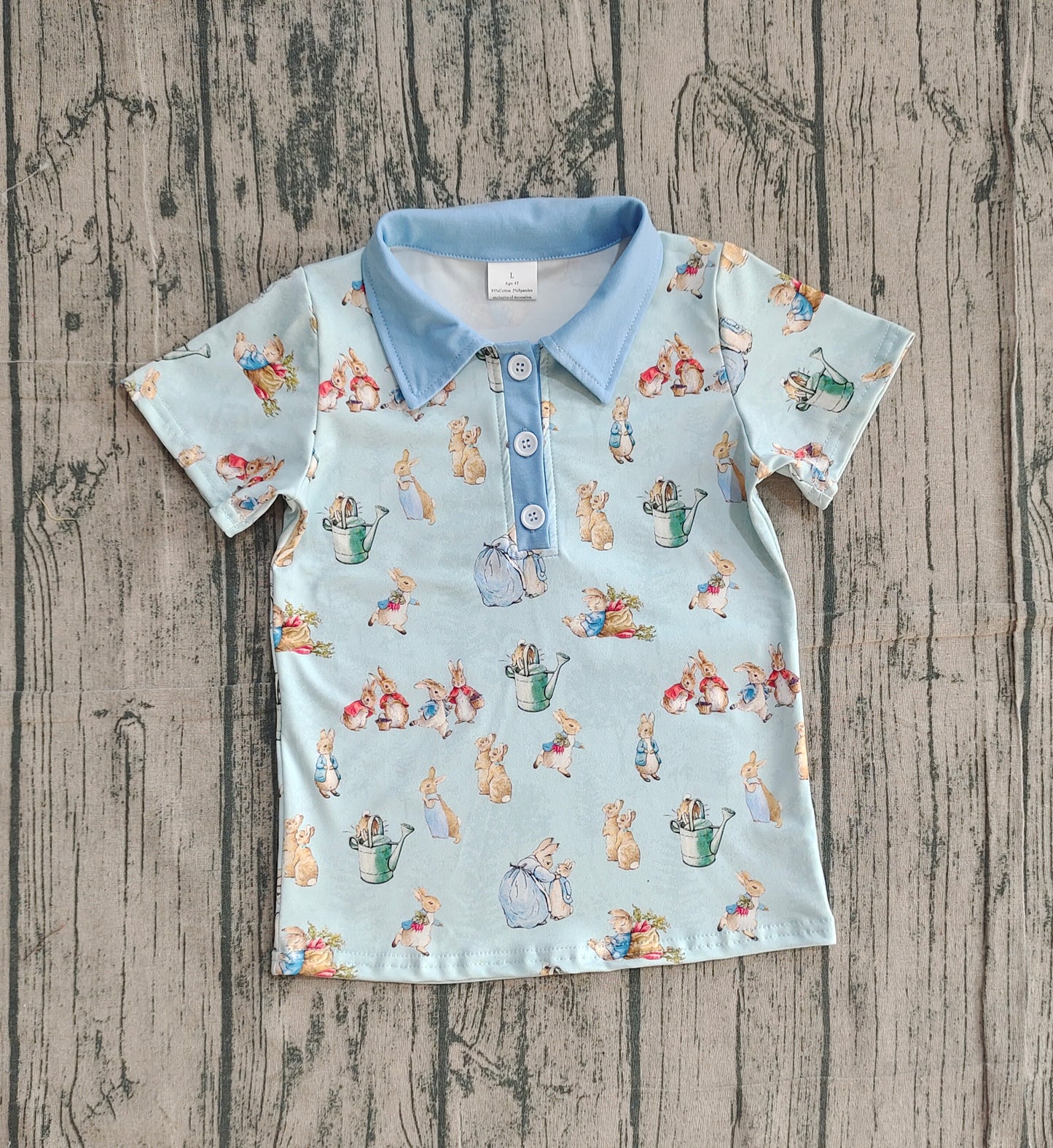 Short sleeves light blue rabbit kids boys Easter polo shirt
