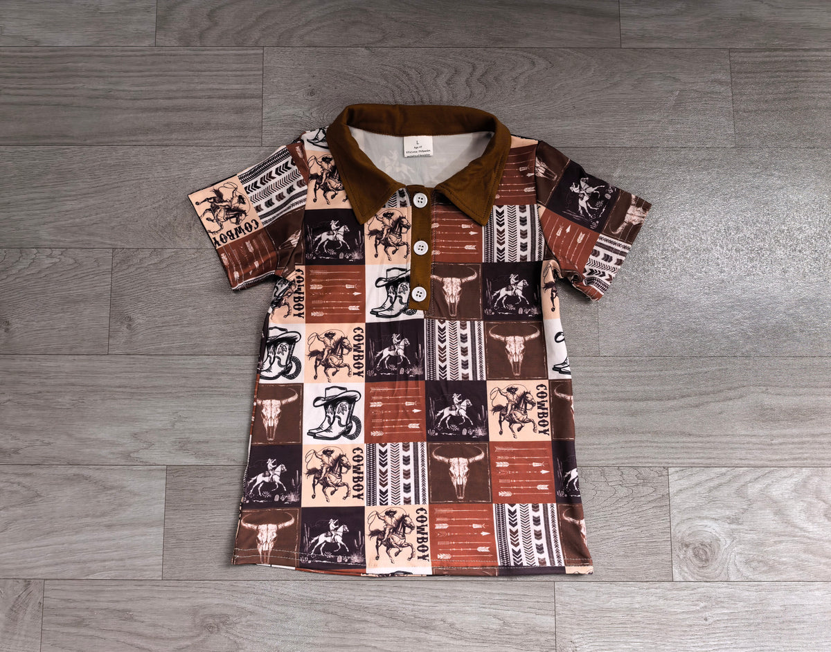 Short sleeves bull skull rodeo western boys polo shirt