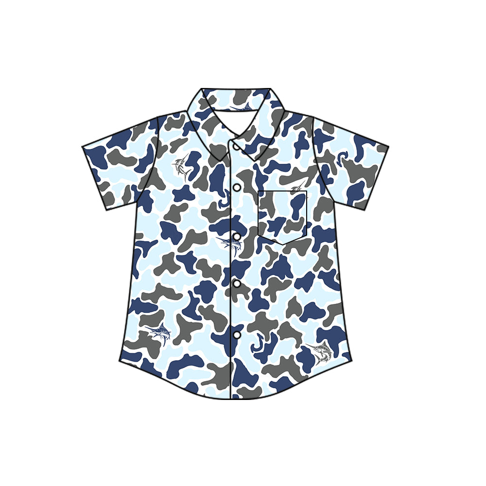 Blue fish camo kids boys button down shirt