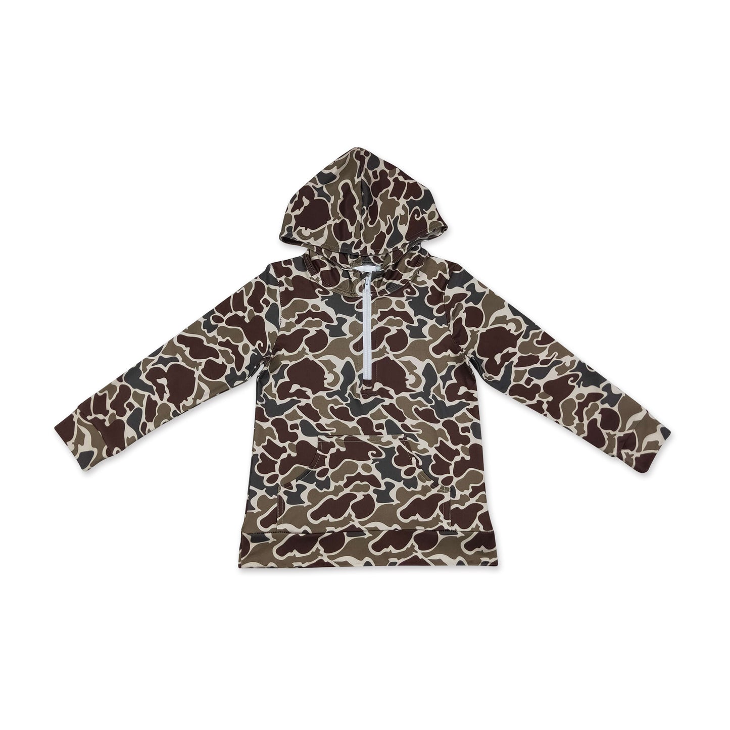 Long sleeves dark brown camo pocket zipper kids boys fall hoodie