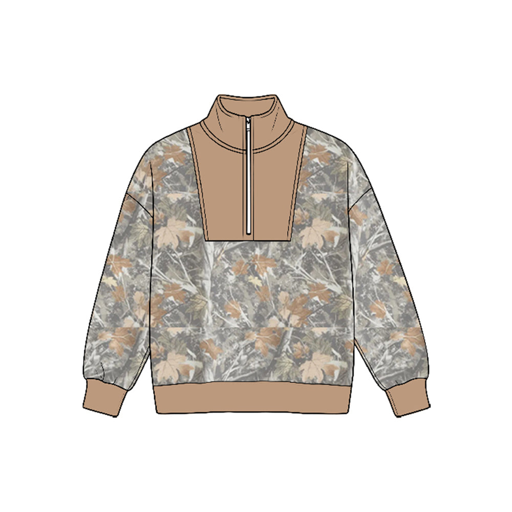 Long sleeves leaves camo zipper boys pullover