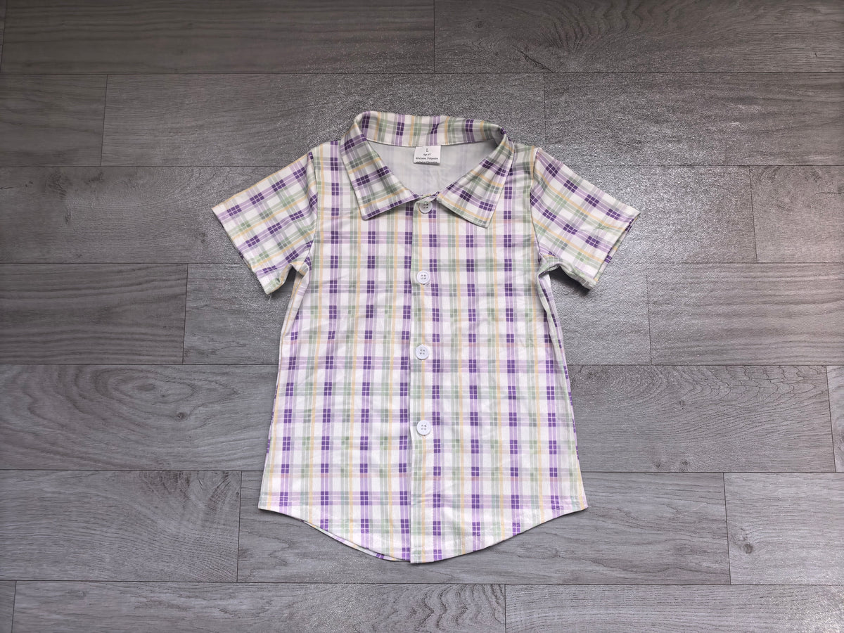 Short sleeves plaid boys Mardi Gras button down shirt