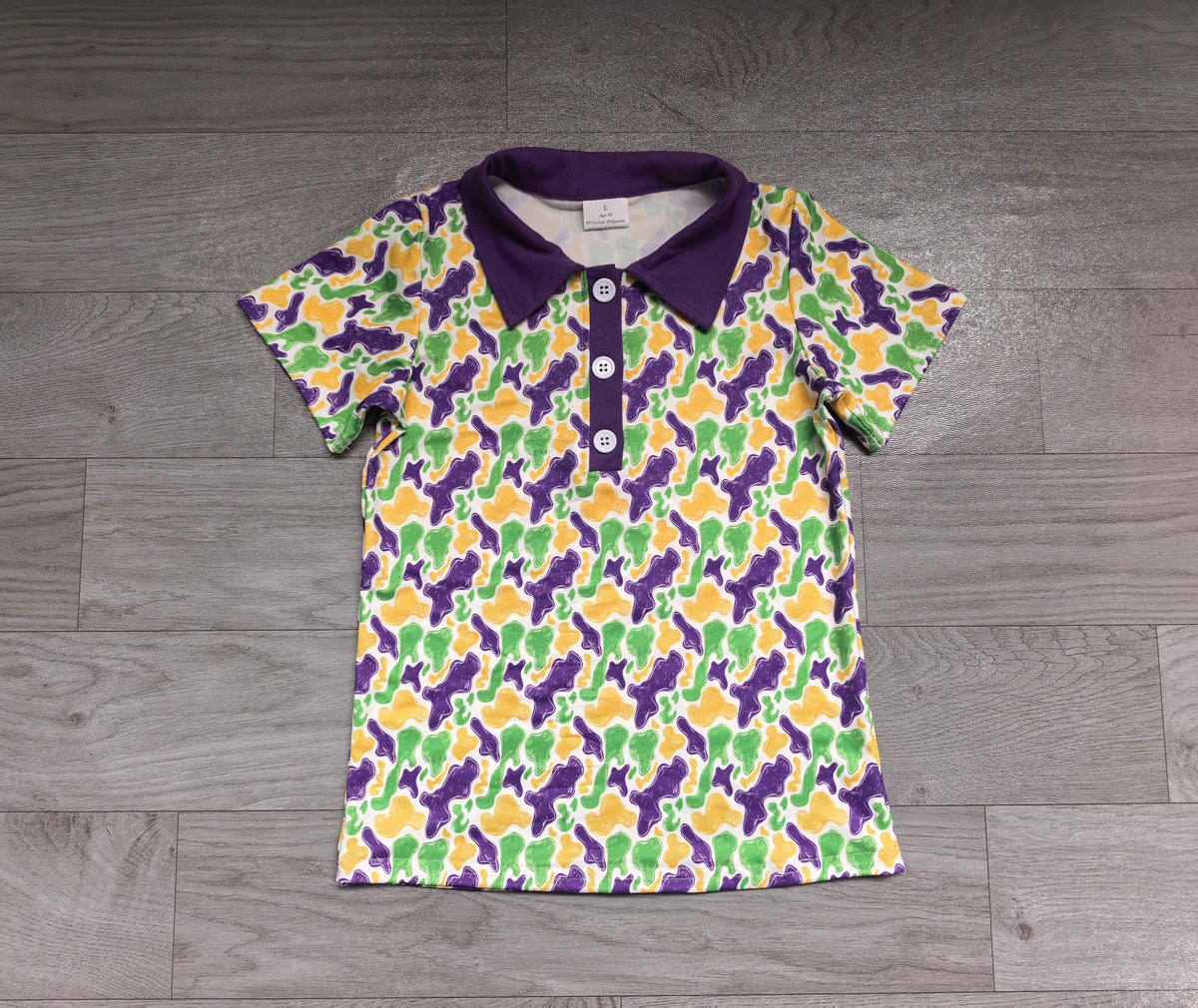 Purple green yellow camo boys Mardi Gras polo shirt