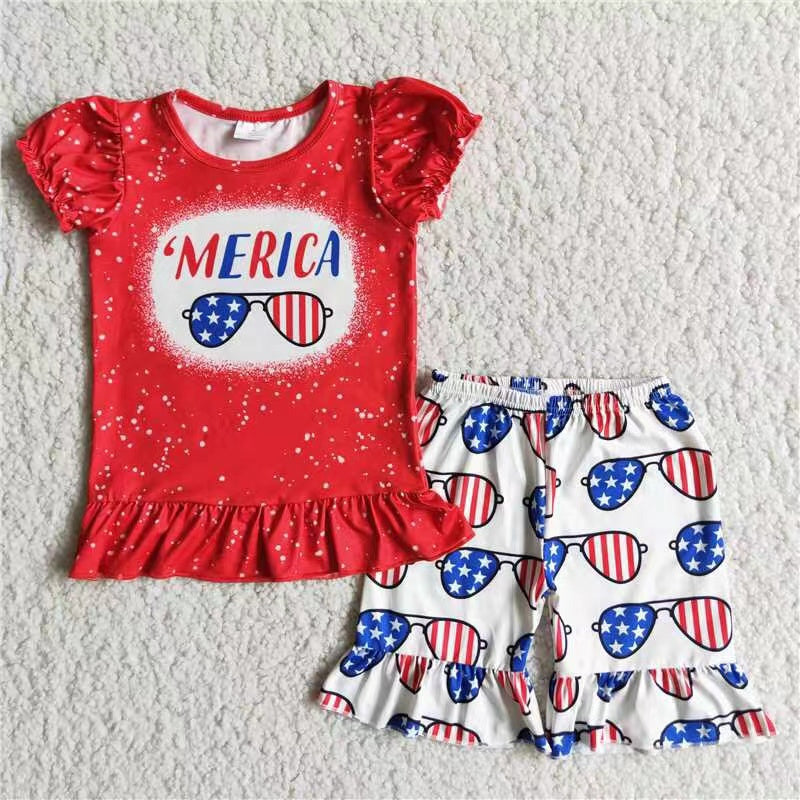 'Merica shirt glasses shorts baby girls 4th of july clothing