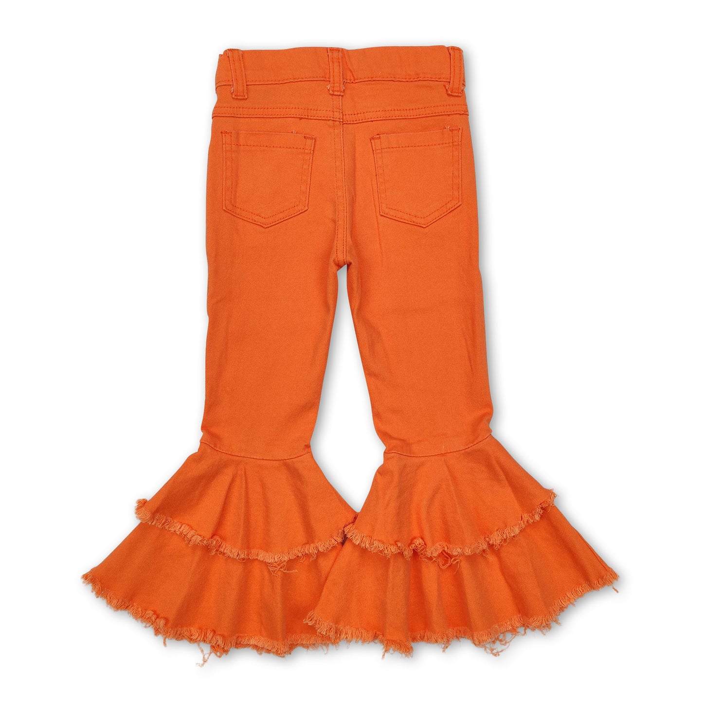 Orange bell bottom ruffle denim pants