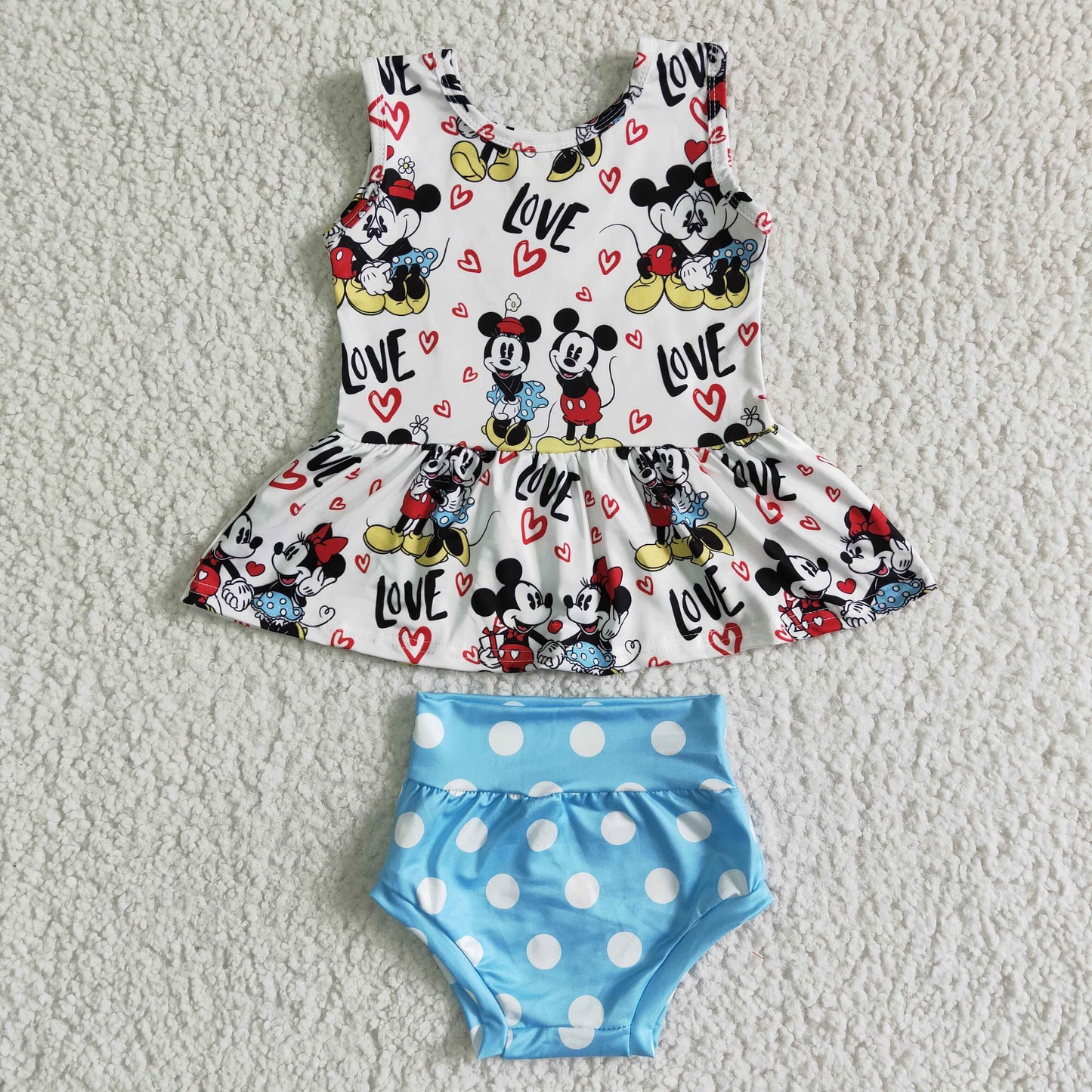 Love mouse sleeveless peplum polka dots bummies baby summer set