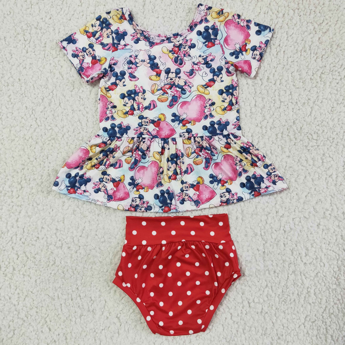 Short sleeve mouse heart peplum bummies baby outfits