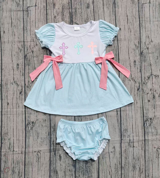 Plaid short sleeves cross tunic bummies girls easter set