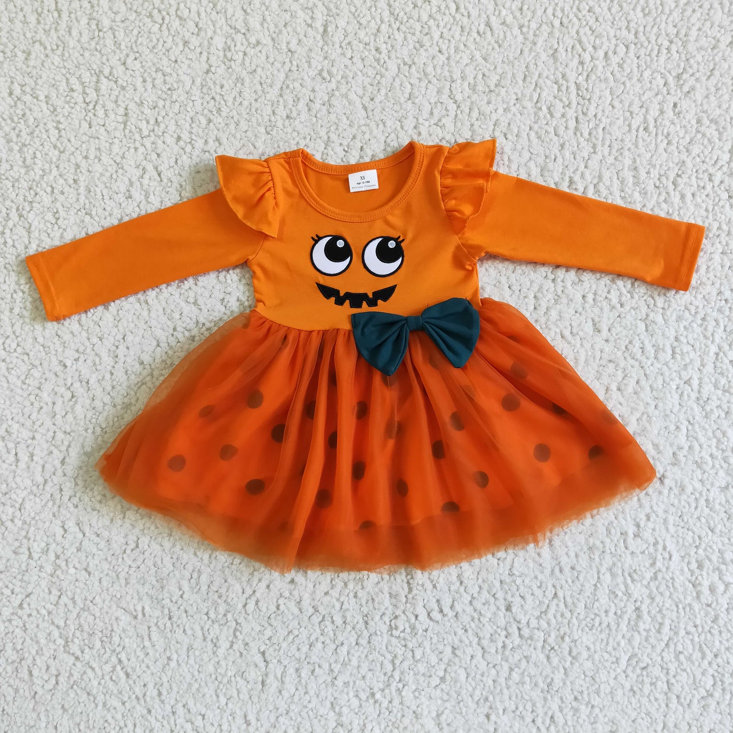 Orange embroidery long sleeve girls Halloween tulle dresses