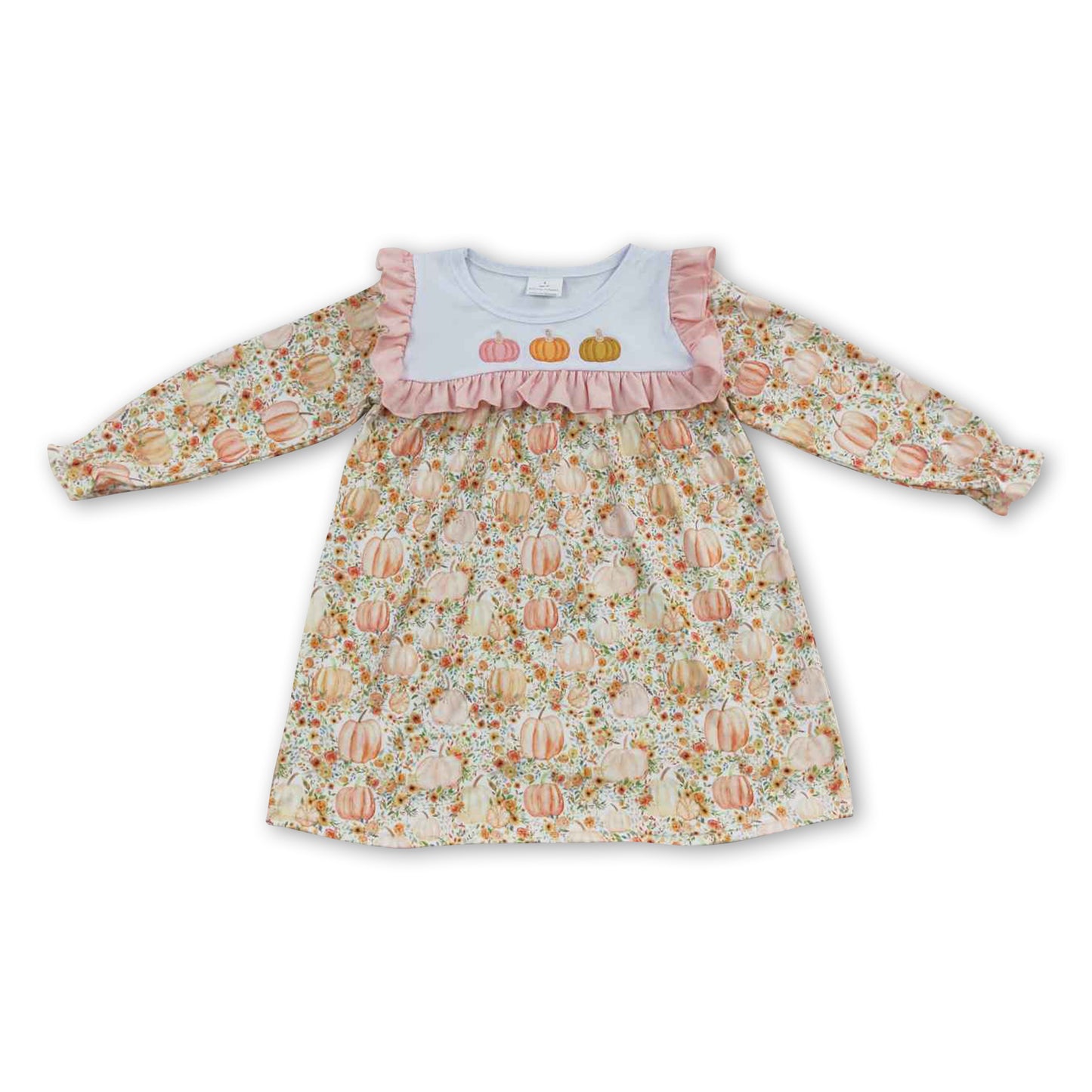 Long sleeves pumpkin floral girls fall dresses