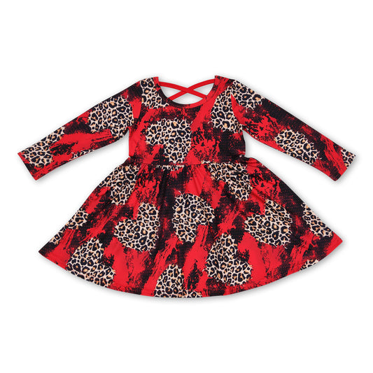 Red long sleeves leopard heart baby girls valentines dress