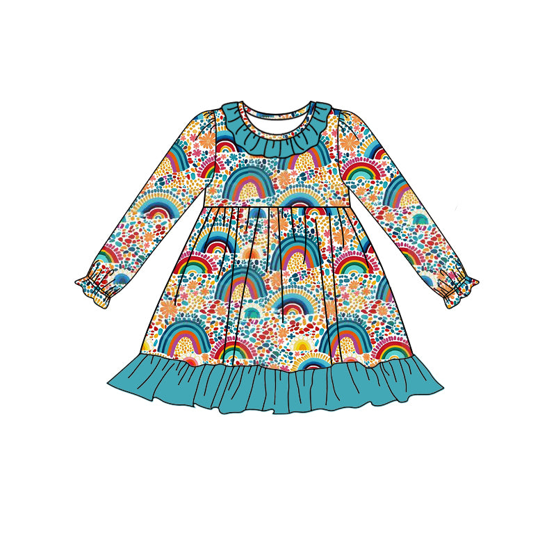 Long sleeves rainbow colorful kids girls dresses