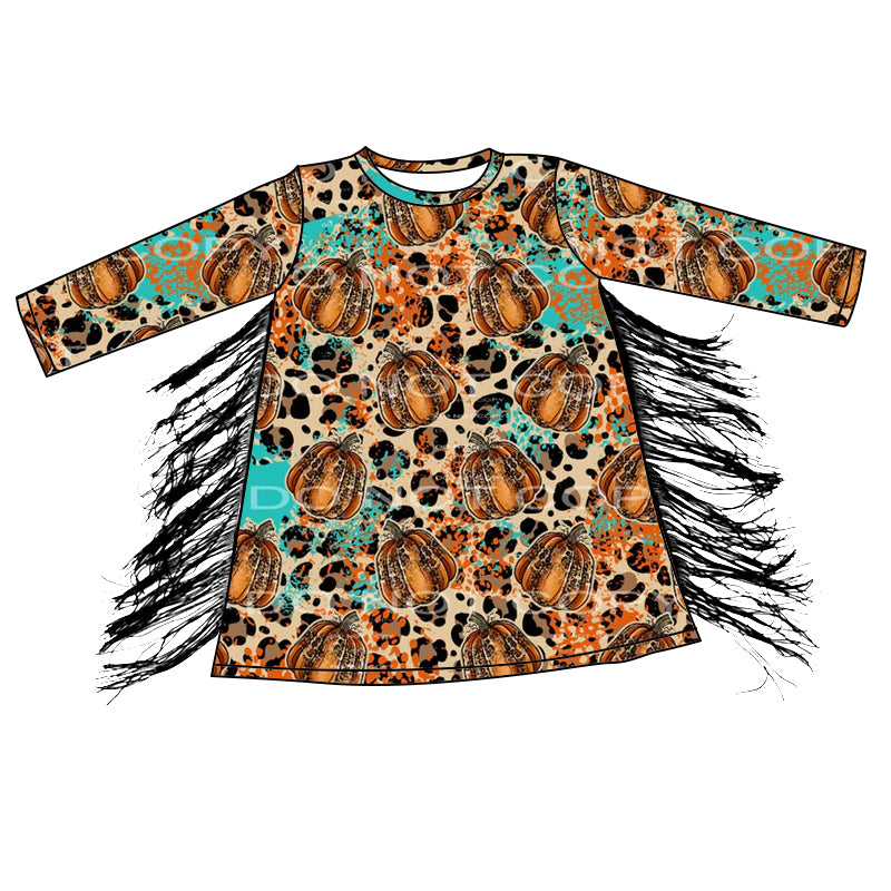 Pumpkin leopard tassels kids girls fall dresses