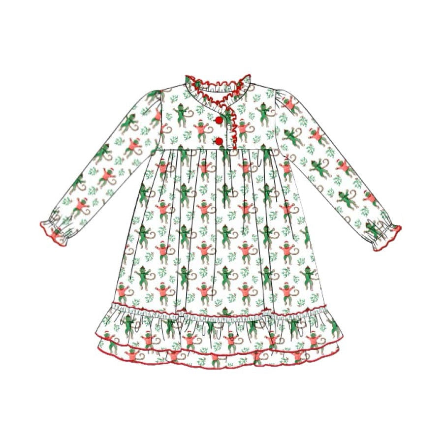 Long sleeves ruffle kids girls Christmas nightgown