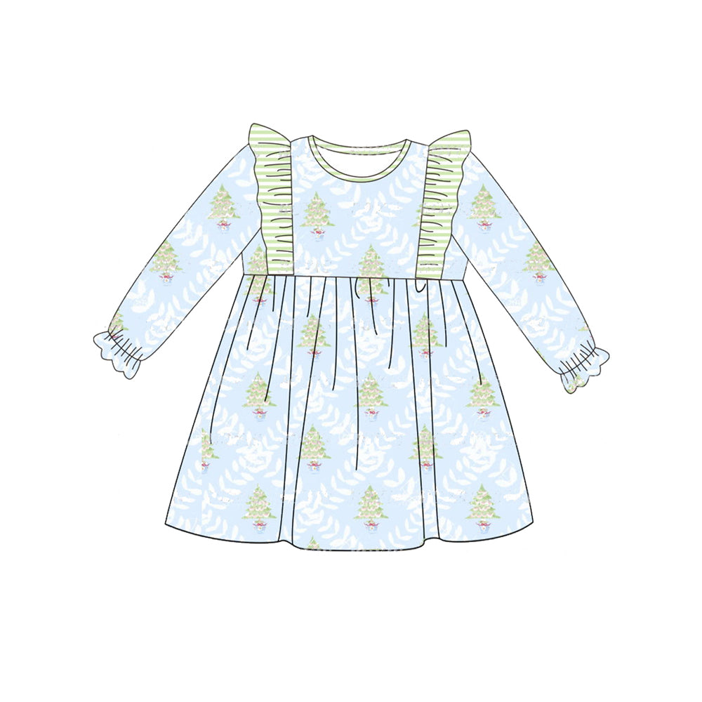 Long sleeves light blue Christmas tree baby girls dresses