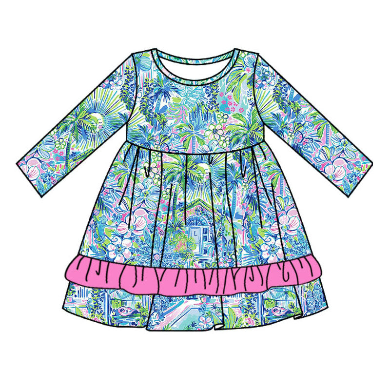 Long sleeves ruffle watercolor blue floral girls dresses