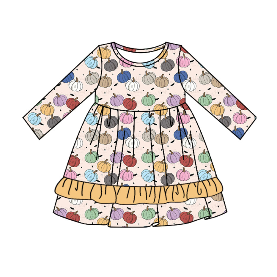 Long sleeves colorful pumpkin yellow ruffle girls fall dress