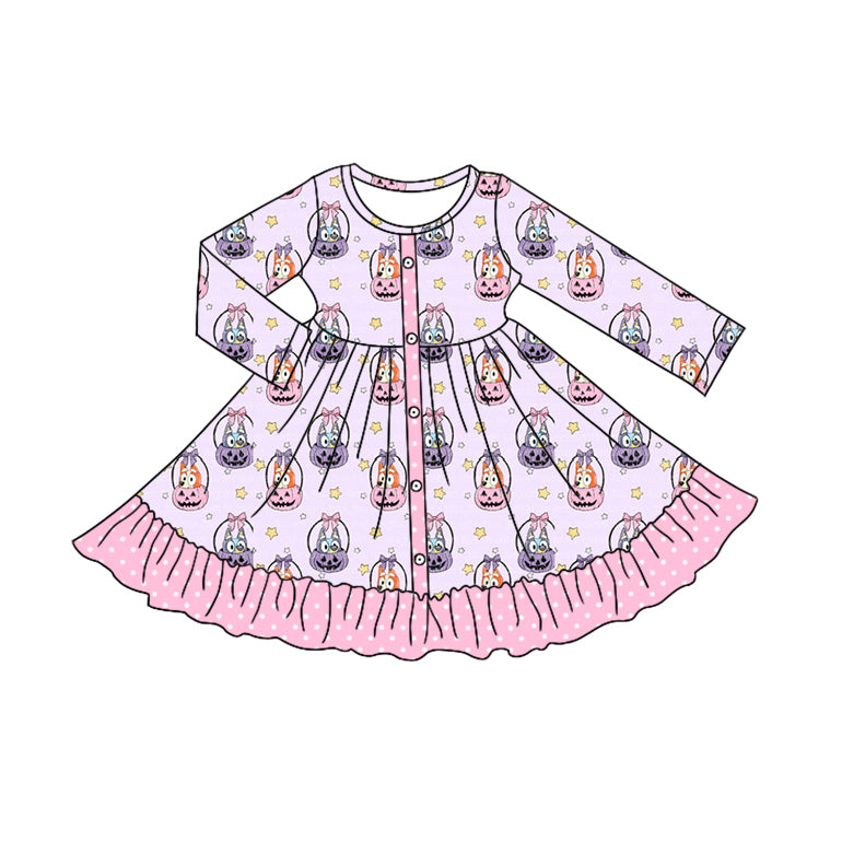 Pink long sleeves pumpkin dog ruffle girls Halloween dresses
