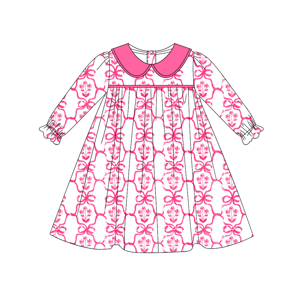 Hot pink floral bow long sleeves girls dresses