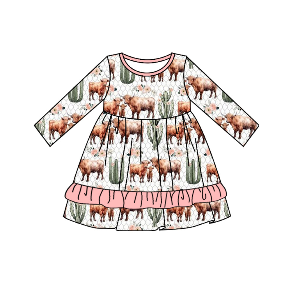 Highland cow cactus ruffle baby girls western dress