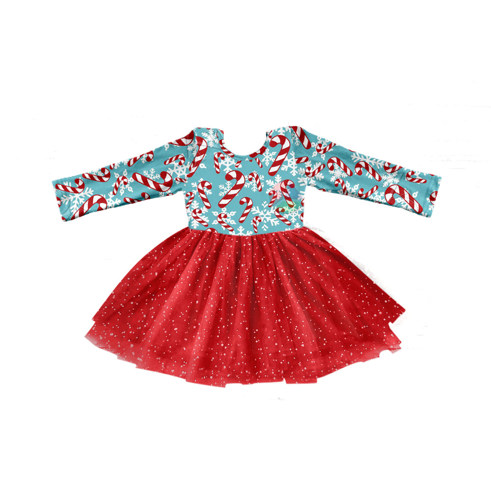 Long sleeves candy cane tulle girls Christmas dresses